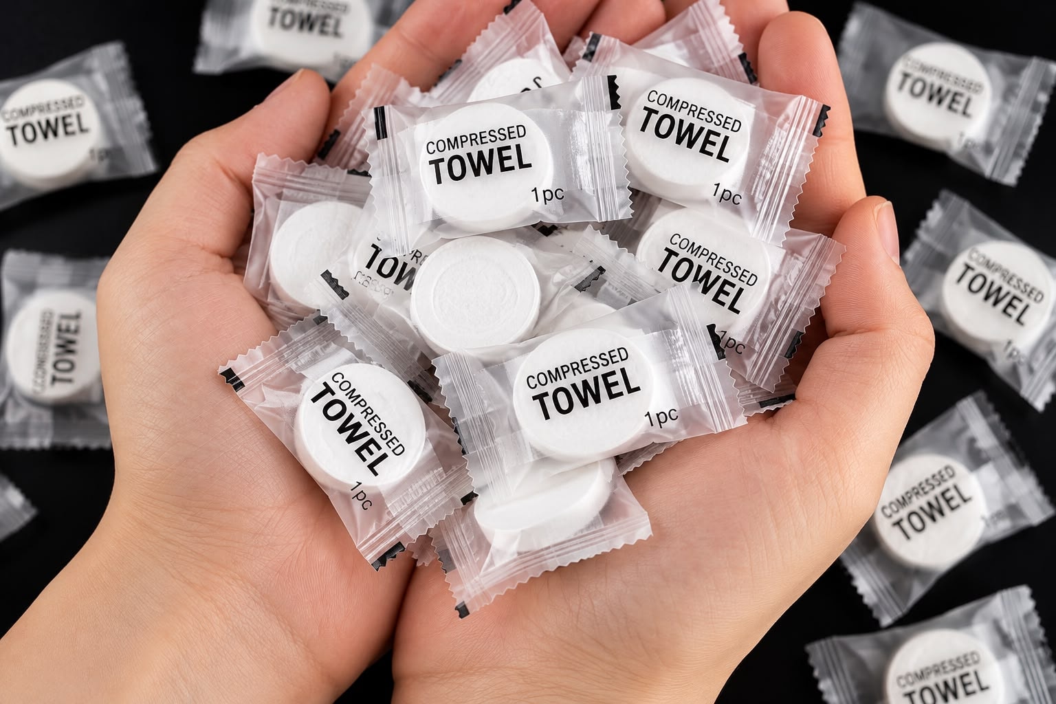 Hands holding Calvera compressed towel packets